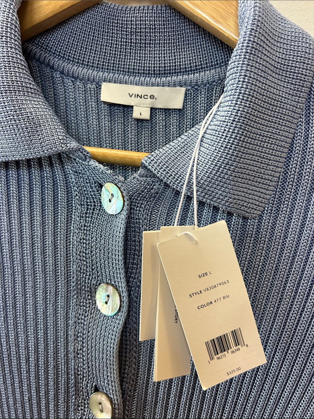 Vince Light Blue Ribbed Button-Front Collared Cardigan - Picture 2 of 7